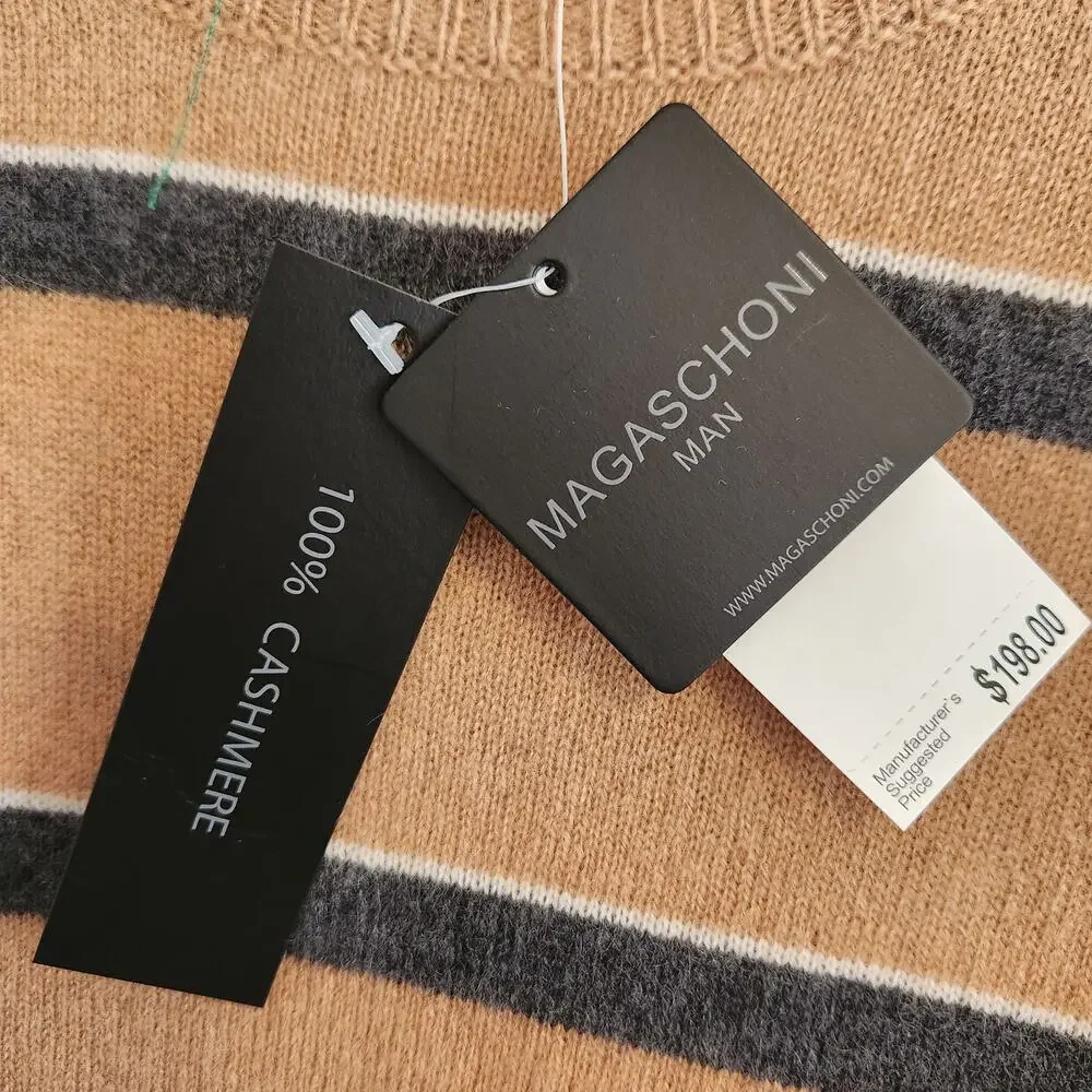 Magaschoni Man Men's Size Medium 100% Cashmere Tan/Navy‎ Striped Long Sleeve NWT